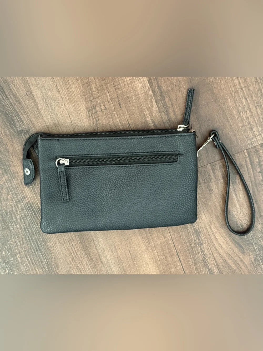 Black Pebbled Leather Wristlet Clutch with Logo Accent